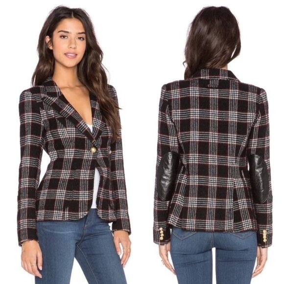 Smythe Jackets & Blazers - Smythe Elbow Patch Duchess Blazer in Houndstooth Black Plaid & Black Leather